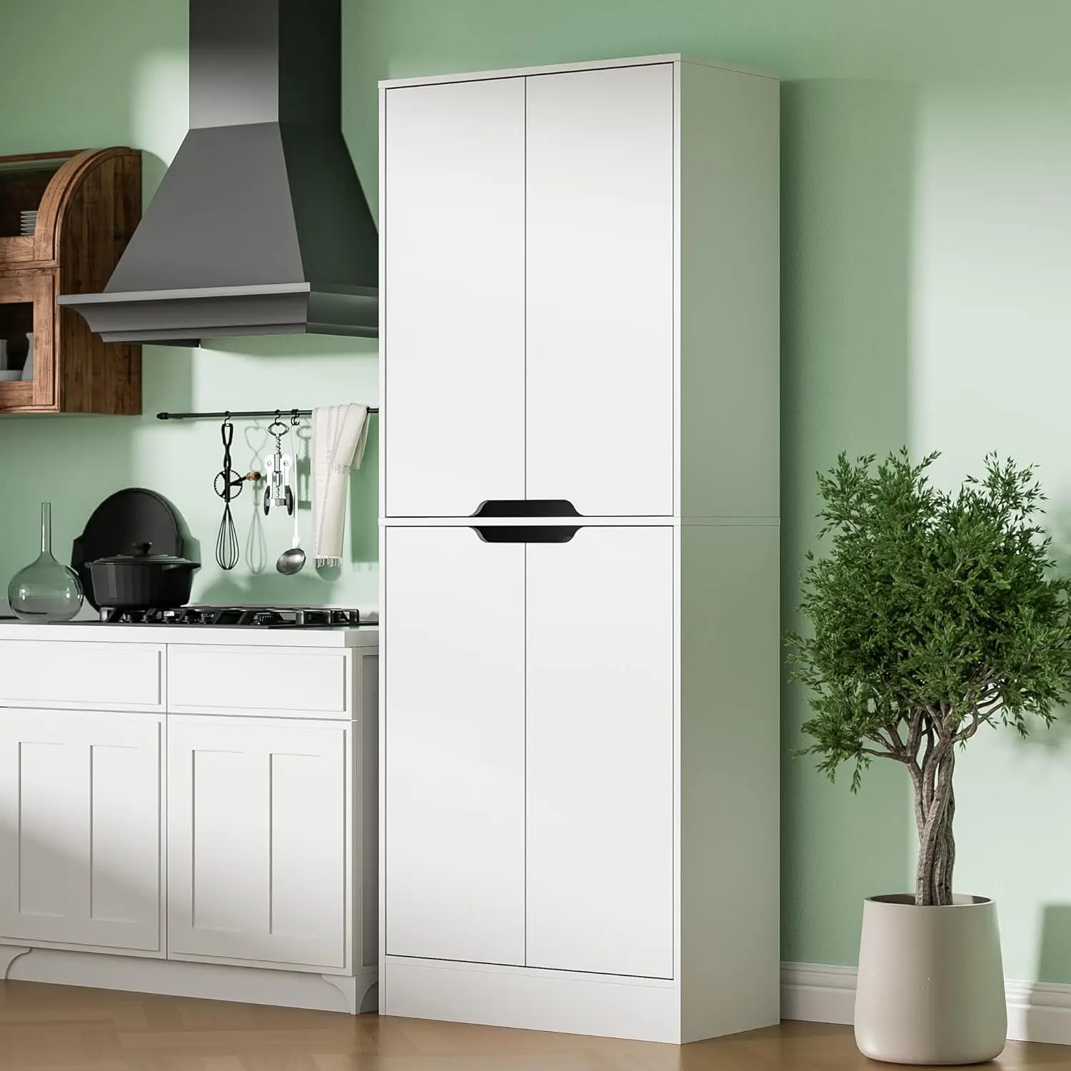 71" Tall Freestanding Pantry Cabinet, 4 Doors with Adjustable Shelves, Larder & Kitchen Hutch Cabinet