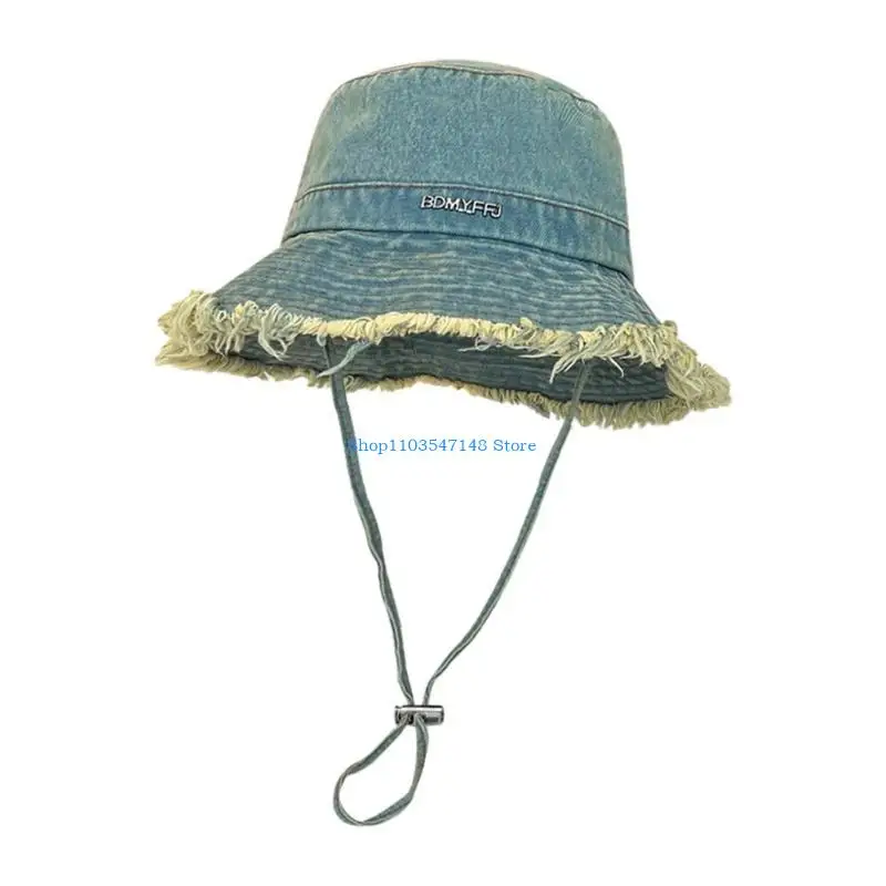 P88B Sombrero pescador con diseño borde deshilachado Unisex, sombrero pescador plegable verano con cuerda ajustable