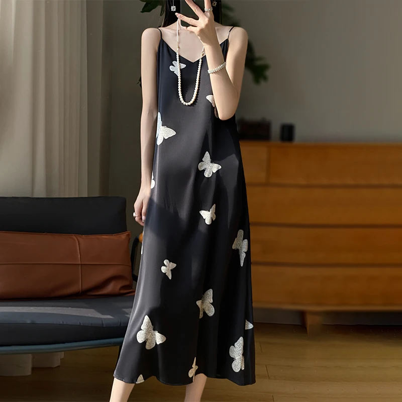 

Women's printed dress summer silk sling A-line skirt satin and calf evening dress simple/elegant party V-neck dance dress