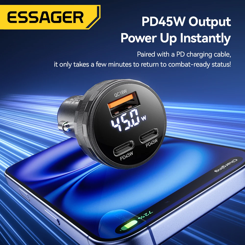Essager 108W 3Ports USB Car Charger Digital Dispaly PD3.0 Fast Charging Quick Charge 3.0 Adapter for iPhone 16 15 Xiaomi Samsung