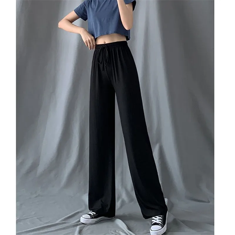 Pantaloni Da Tuta In Seta Di Ghiaccio A Vita Alta Estivi Pantaloni Da Donna Casual Coreani A Gamba Larga Semplici Pantaloni Da Donna Da Ufficio Solidi
