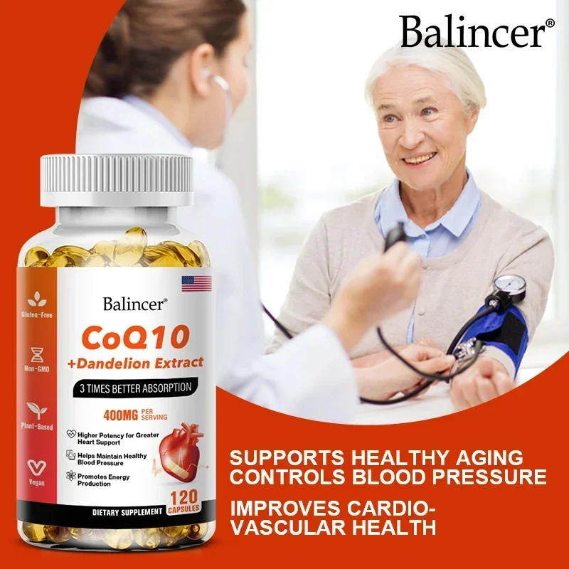 CoQ10 400 mg, Ubiquinone Supplement-Advanced 3x Absorption, 120 Veggie CapsulesCoenzyme Q10 + Dandelion Heart Supplement