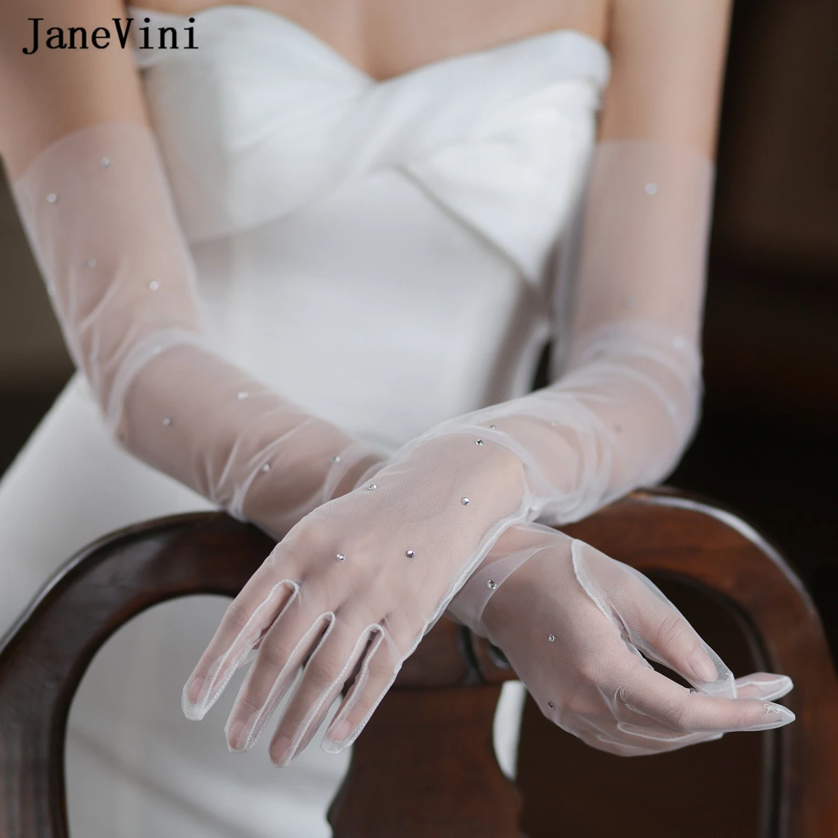 

JaneVini New Elegant Ivory Long Bridal Gloves Bling Beaded Full Finger Soft Tulle 68cm Glove for Women Wedding Party Accessories