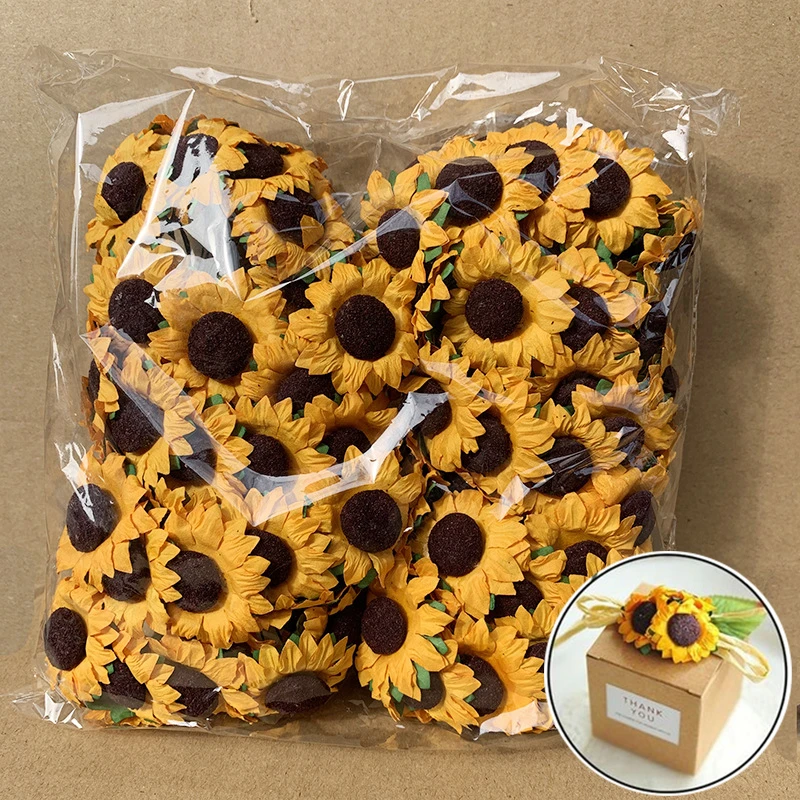 100 Stück/Set Künstliche Sonnenblumen Papierblumen 3,5cm Getrocknete Blumen für Hochzeit Festliche Party Scrapbooking Verpackung DIY Dekoration