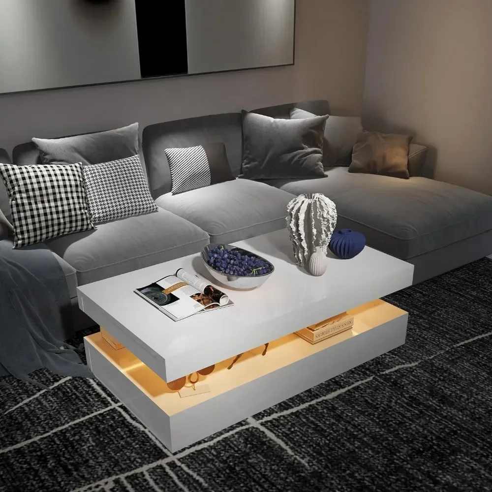 LED Coffee Table, White Modern High Gloss Coffee Table with RGB Light, Rectangular Coffee Table with Remote Control for Living 4