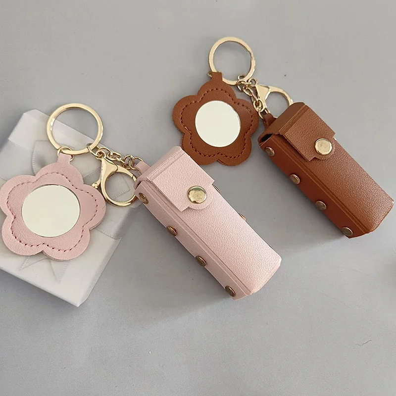 1pc Leather Lipstick Bag Makeup Pouch Lip Balm Bag Keychain Holder Creative Lipsticks Protective Cover With Mirror Gifts 3