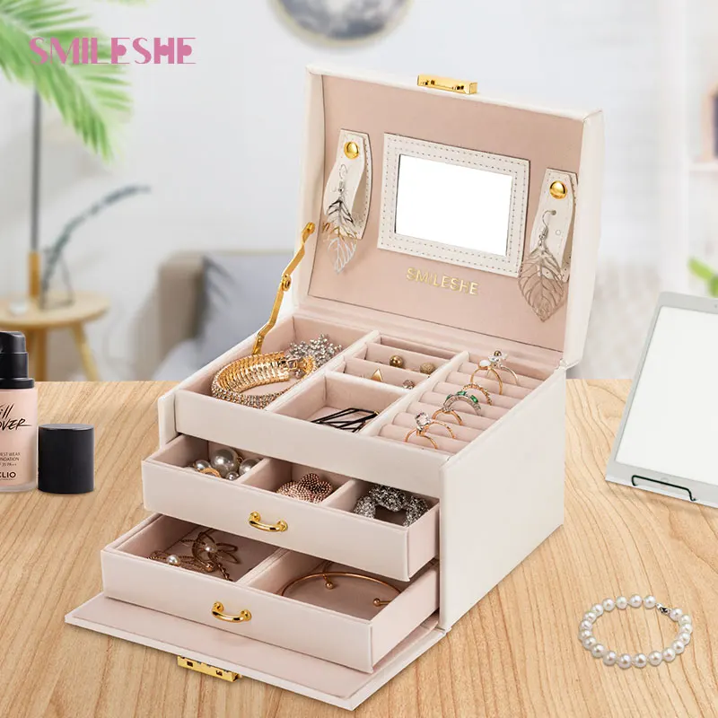 

Smileshe Home Jewelry Organizer Storage Box for Earrings Rings Necklace Bracelet Watch Holder Mirror Display Top Handle and Lock