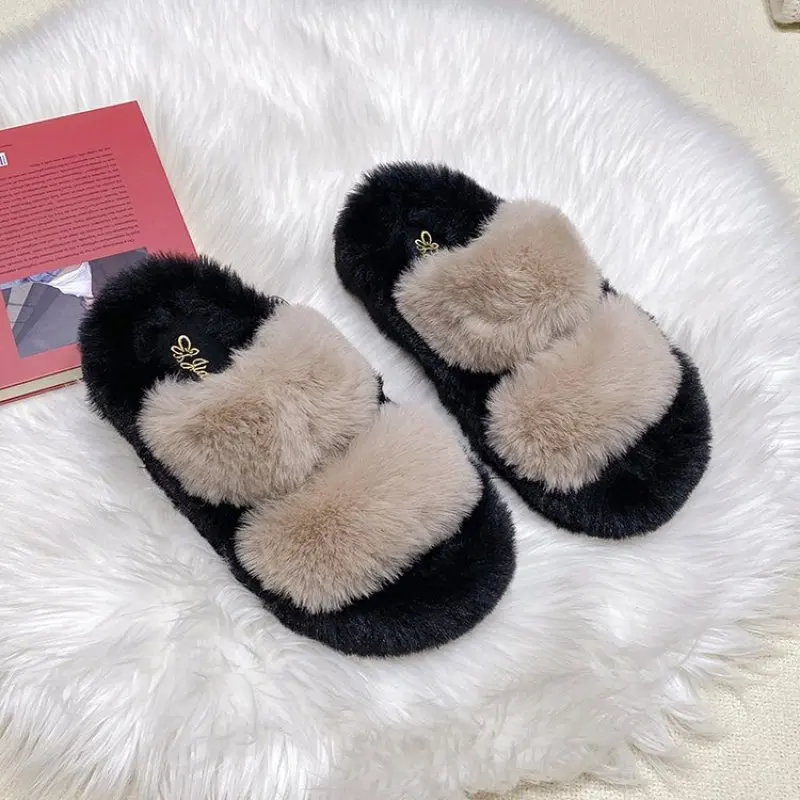 

New Winter Open Toe Slipper Fashion Fur Thick Sole Flats Heel Ladies Casual Slip On Bedroom Shoes Soft Outdoor Slides Shoes
