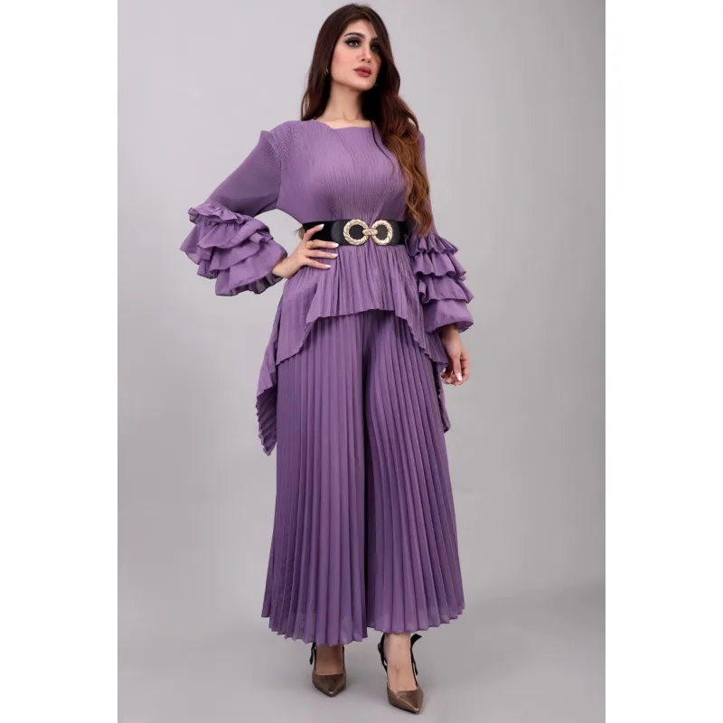 

Miyake 2 Piece Sets Womens Outfits Fashion Loose Pants Set Prom Dress Short Tops and Pants Solid Colors Are Versatile Slim 2023