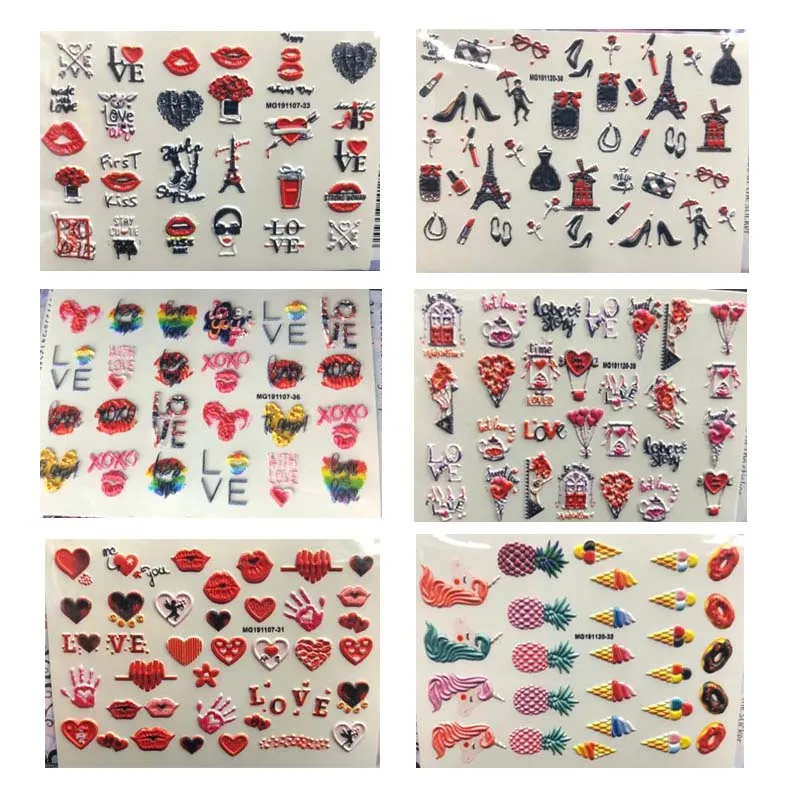 

Fashion Hot Selling Nail Stickers 6d diy Engraved Ice Cream &Lip Print Traceless Water Slide Nail Decals Embossment Women Girls