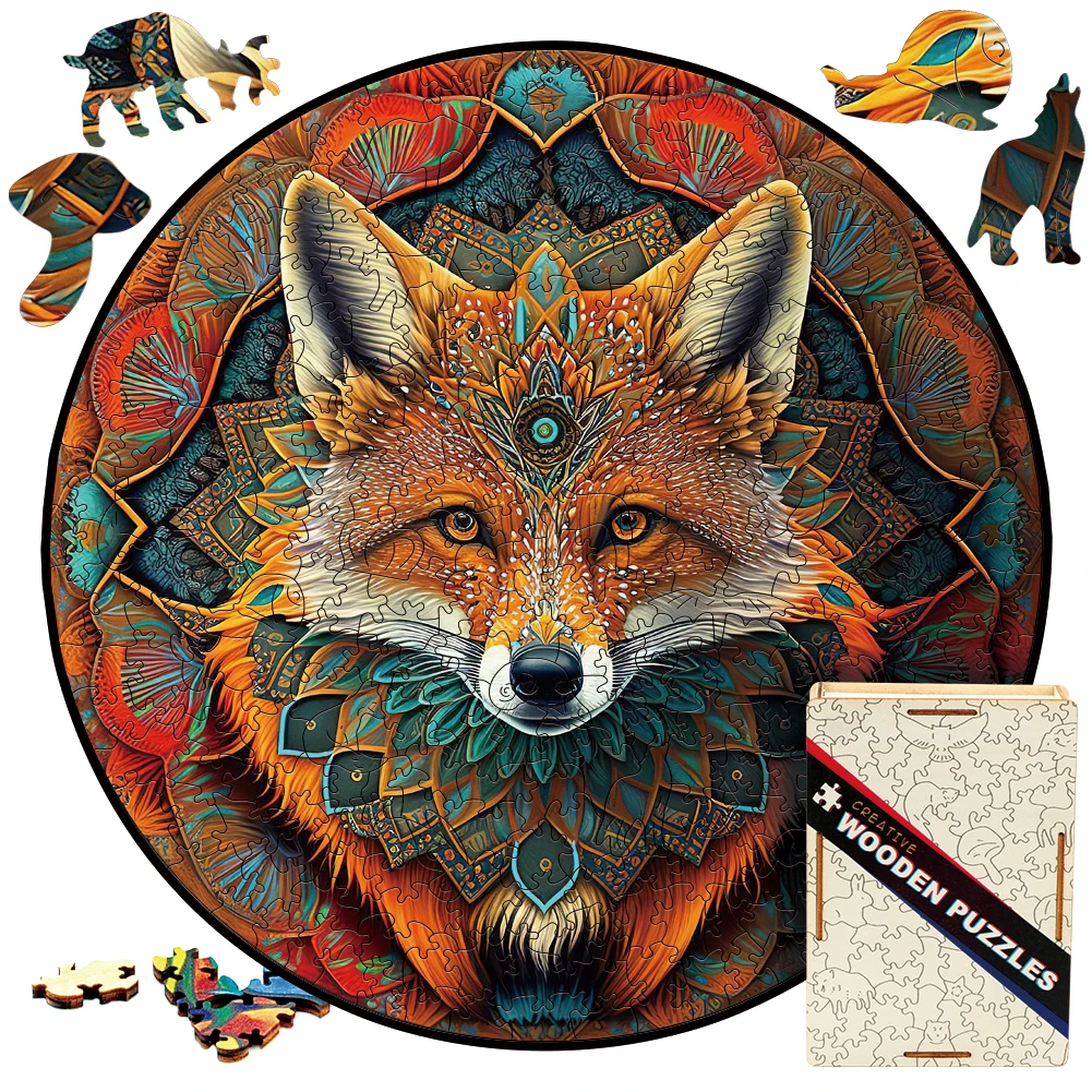 Wooden Puzzle Mandala Fox Ethnic Wooden Jigsaw Puzzle Unique Animal Shaped Pieces Charming Fox Puzzle Best Gift For Adults, Kids white tara buddhist mandala 60 jigsaw puzzle christmas gifts diorama accessories puzzle