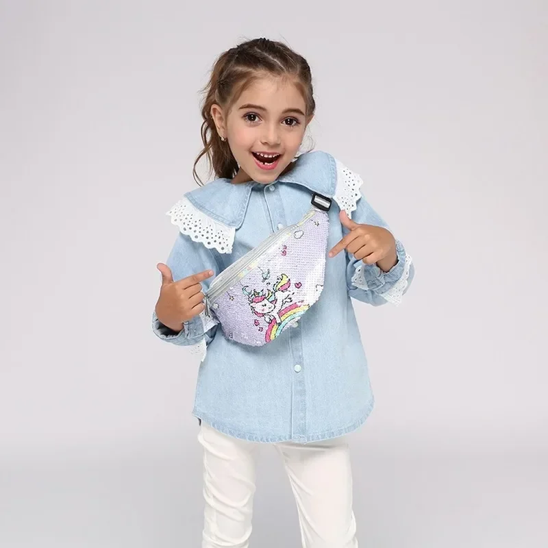 Women Girl Cartoon Unicorn Waist Bag Sequins Print Fashion Fanny Pack Children'S Shoulder Belt Bags Glitter Kids Phone Pouch