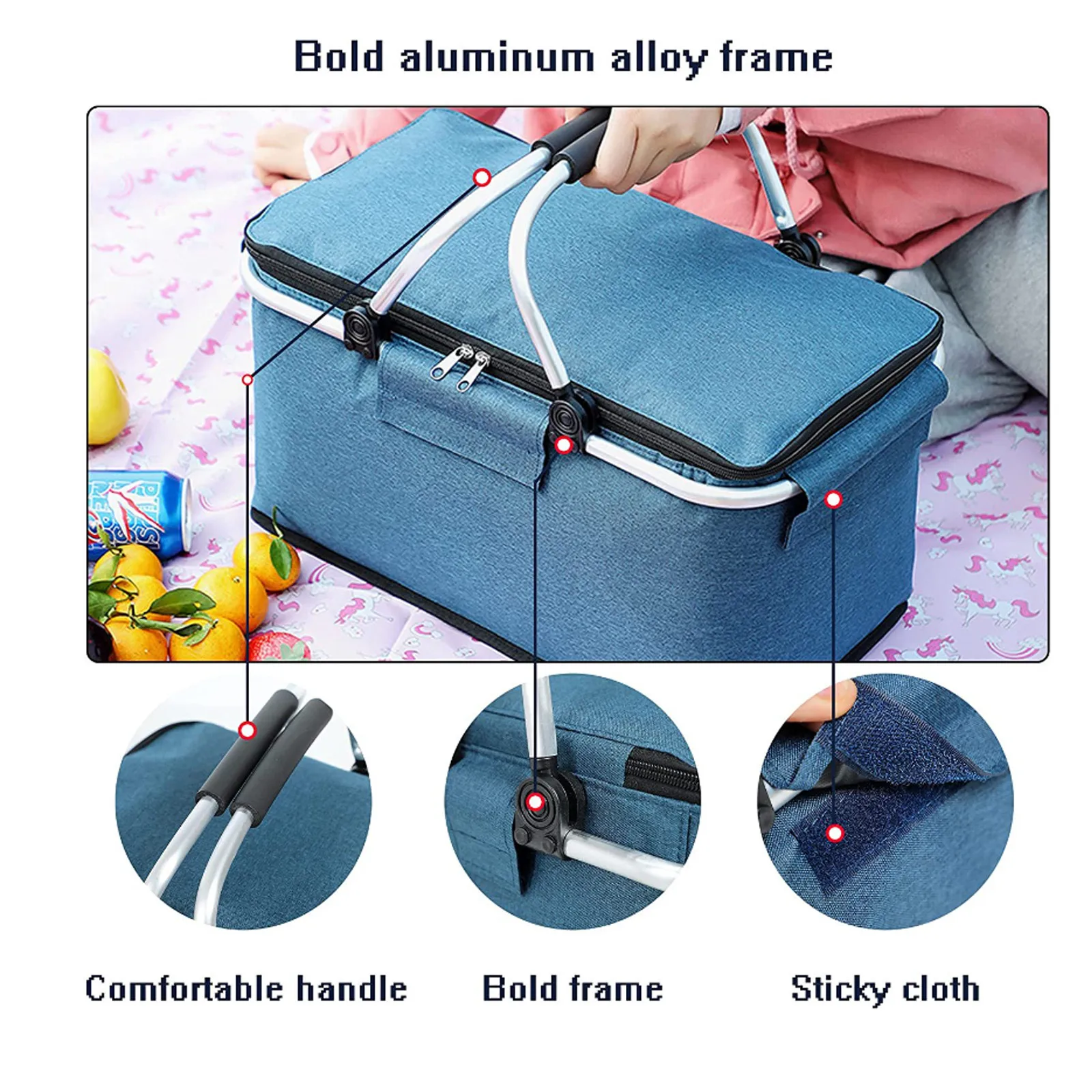 Insulated Picnic Basket Portable Collapsible Grocery Bags Leakproof Cooler Bag Basket With Handle Large Capacity Camping Travel