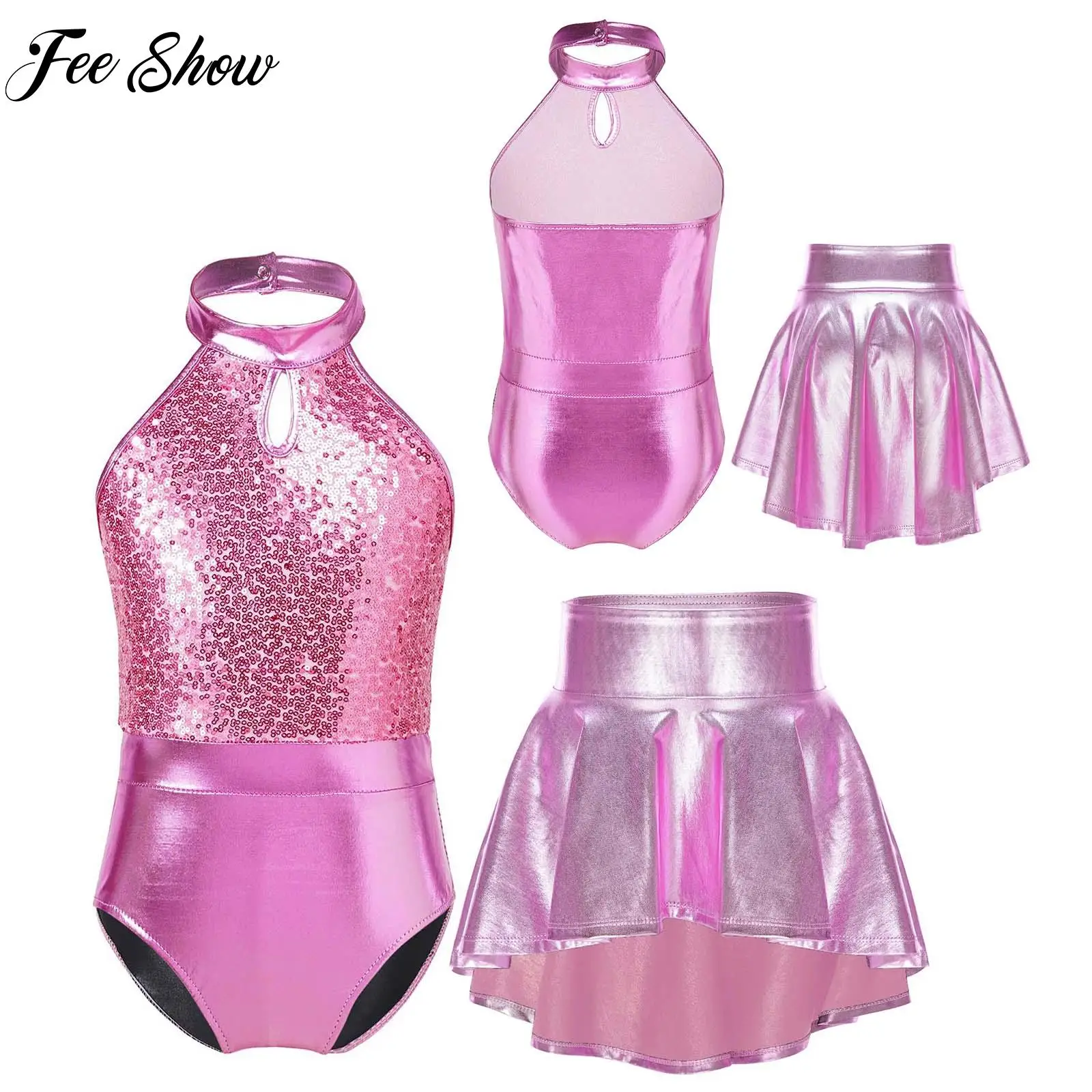 

Kids Girls Halter Sparkling Sequins Leotard with Ruffle Irregular Hem Skirt for Latin Jazz Ballet Dance Competition Performance