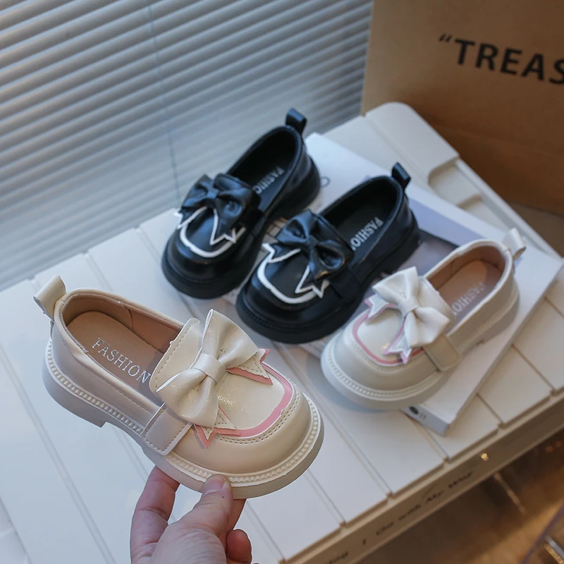 British Style Children Leather Shoes for Girl Spring New Bow Princess Comfortable Non Slip Soft Sole Children's Single Shoe