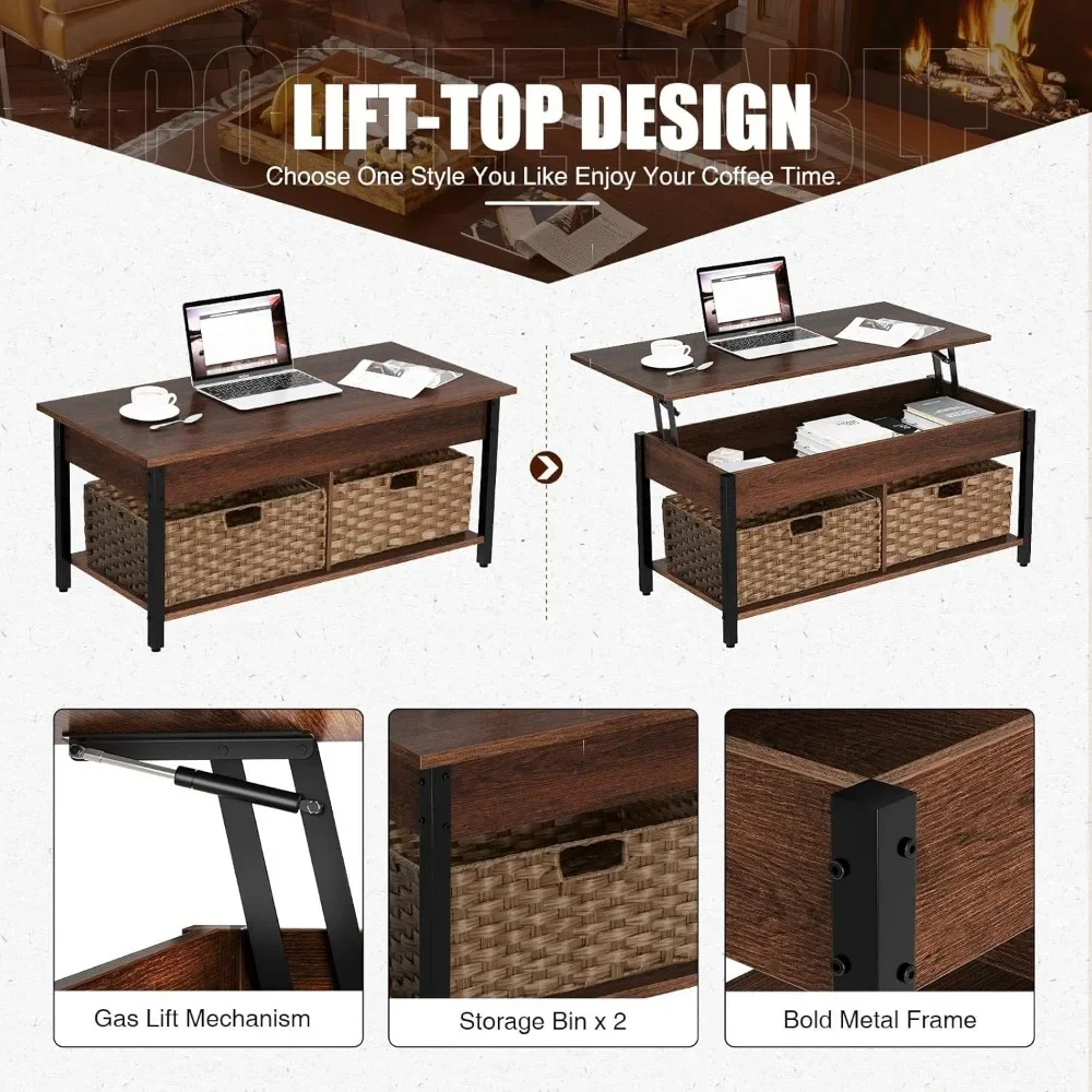 Lift Top Coffee Table with Hidden Storage Compartment and 2 Rattan Baskets, 41.7" Retro Central Table with Wooden Lift Tabletop 6