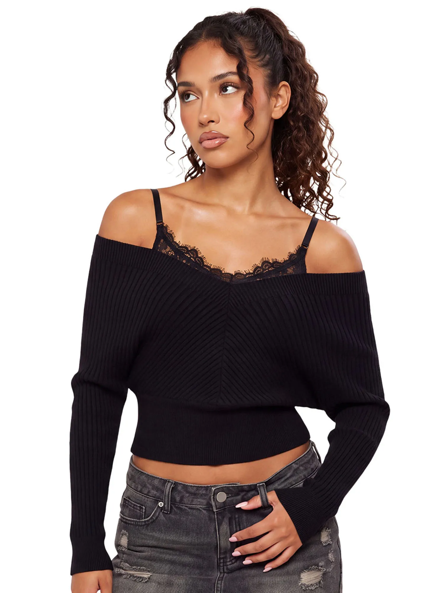 Women Knit Sweater Long Sleeve Lace Patchwork Pullover Fall Tops Streetwear