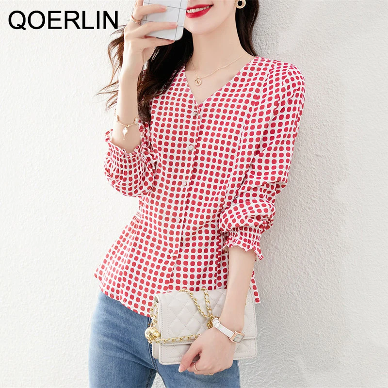 QOERLIN French Retro Polka Dot Printed Shirt Women Fashion V-Neck Long Sleeve Fitness Blouse Button Up Shirts Office