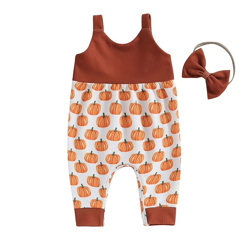 

Baby Girl 2Pcs Fall Outfits Sleeveless Pumpkin Print Romper Overalls with Headband Set Infant Clothes