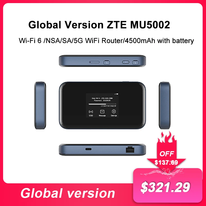 오리지널 ZTE 휴대용 와이파이 5G 라우터, MU5002 LTE CAT22, 와이파이 6 1800Mbps, NSA + SA ...
