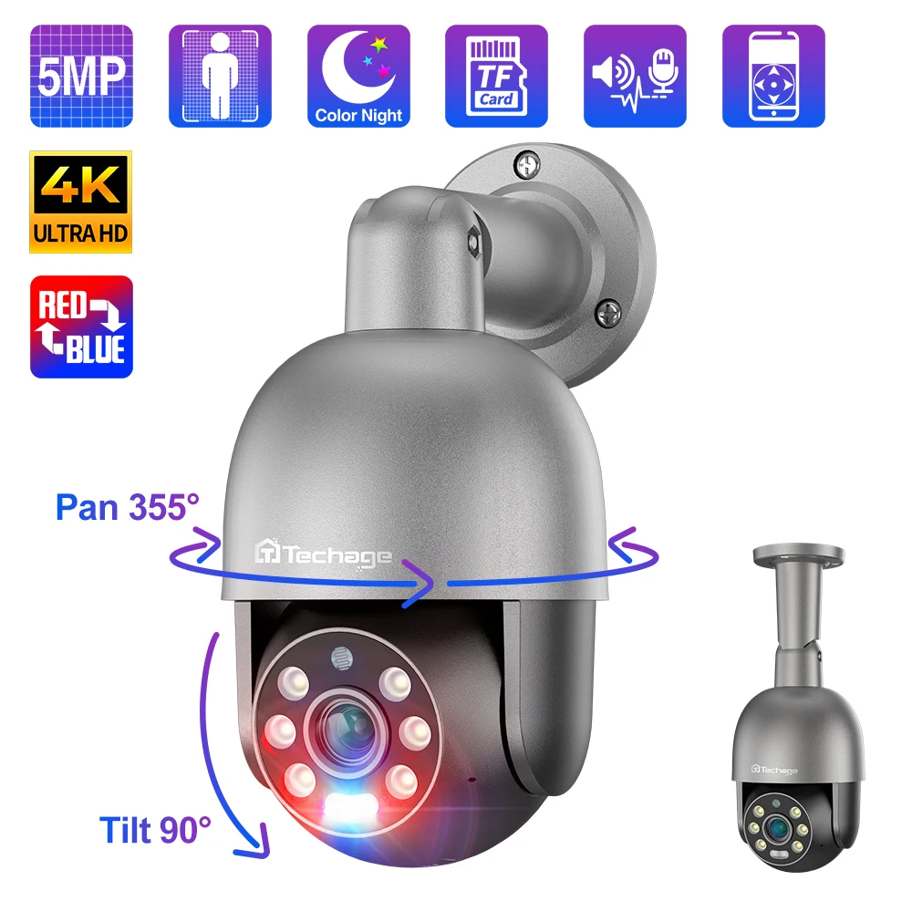 IP-камера Techage, 4K, 8 Мп, 5 Мп, красно-синяя