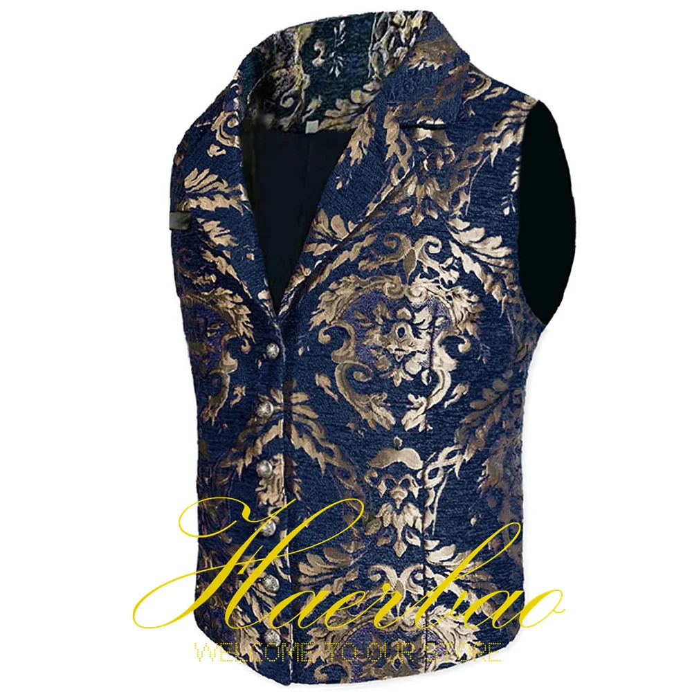 Men's Suit Vest Gold Calico Pattern Lapel Sleeveless Jacket Formal Party Waistcoat Fashion Vests chaleco hombre