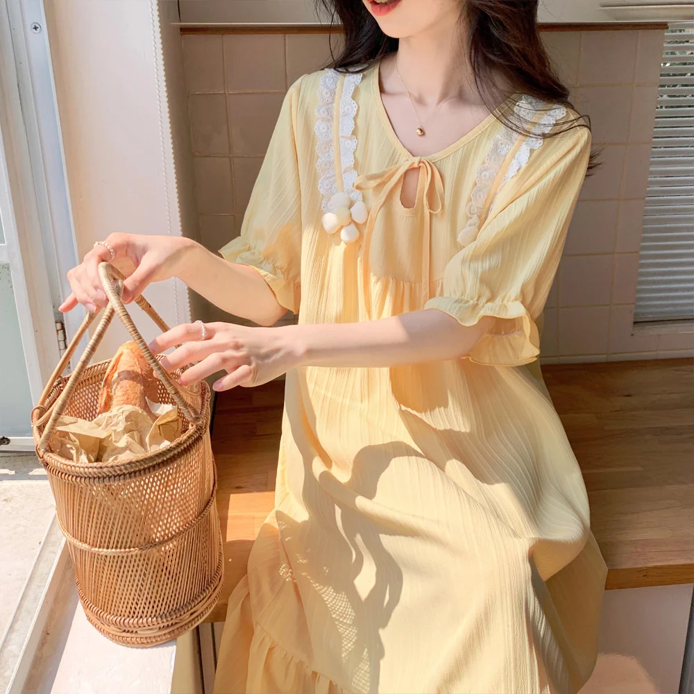 Summer Womens Nightgown Lace Short Sleeve Sweet Princess Nightdress Pajamas Sleepshirt Fairy French Home Dress Nighty Nightwear
