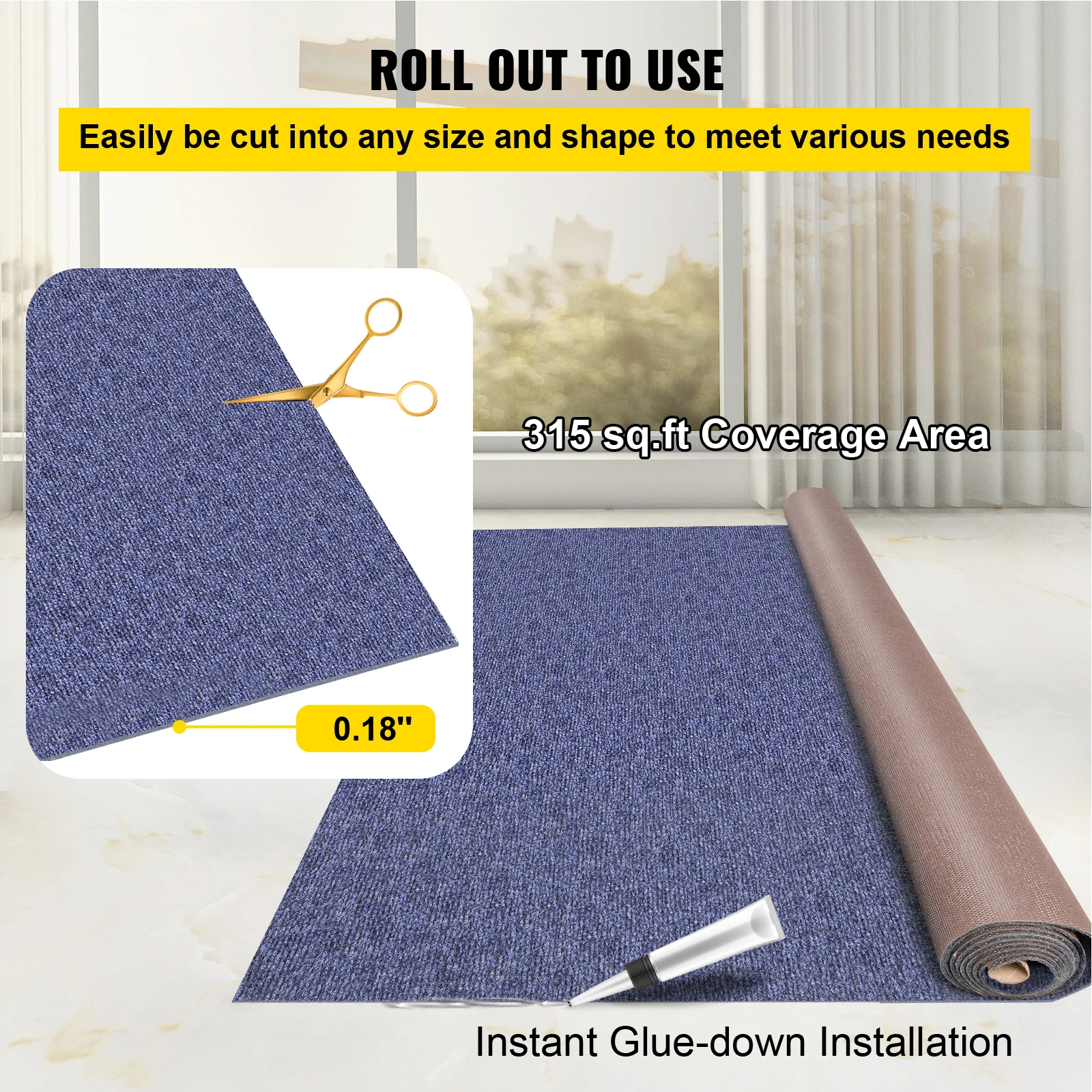 VEVOR Blue Marine Boat Carpet 6x52.5ft Waterproof Polyester Outdoor Deck Carpet Cuttable Anti-Slide Patio Porch Mat Rug