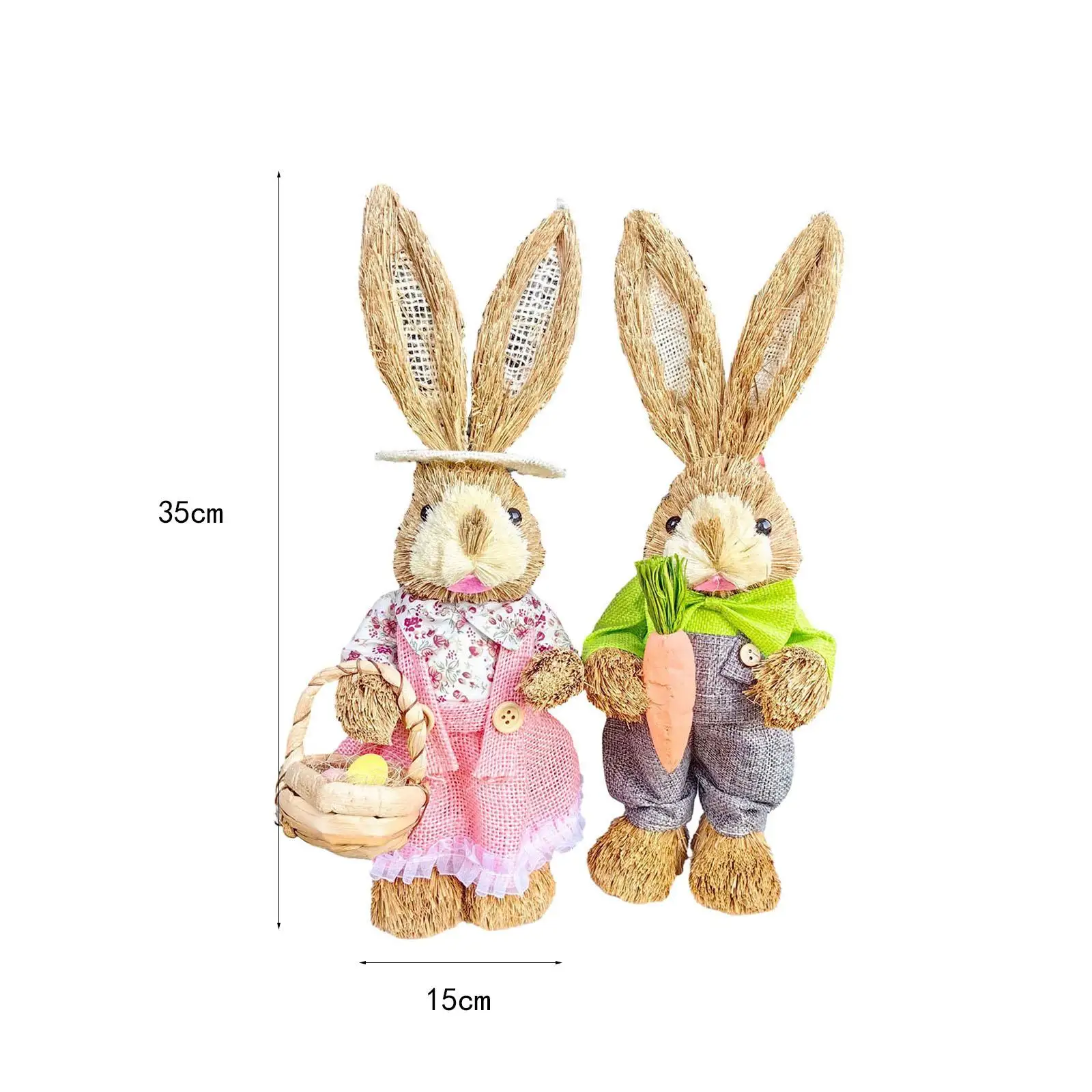 2Pcs Rabbit Sculptures Easter Gifts Cute Straw Bunny Figurines Garden Decor Animal Statues for Balcony Lawn Room Bedroom Yard