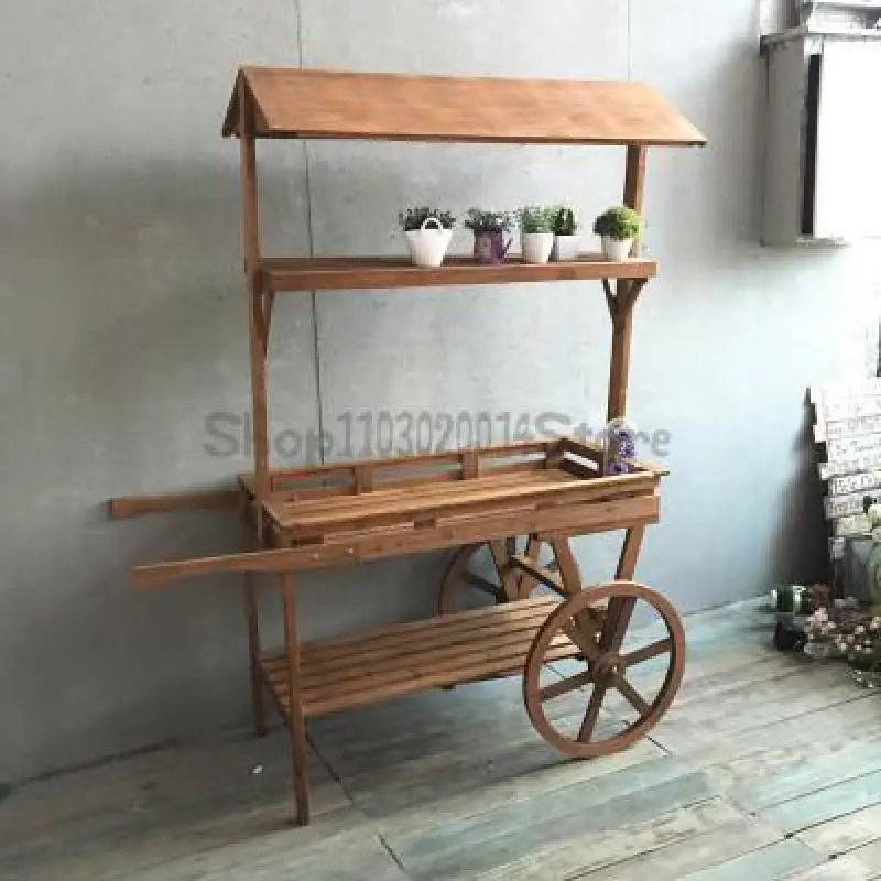 Pastoral Flower Rack Solid Wood Cart Storage Rack Balcony Storage Shopping Mall Creative Promotion Car Outdoor Decoration
