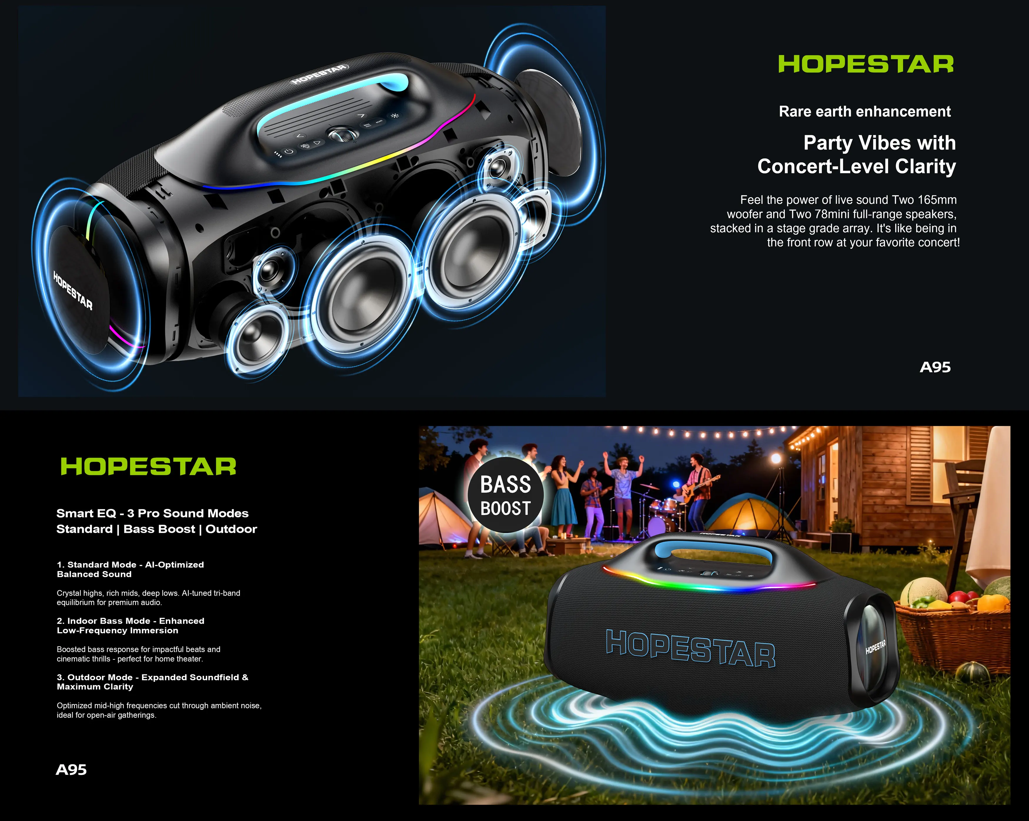 HOPESTAR A95 580W 휴대용 블루투스 스피커 (UHF 무선 마이크 포함) 40000mAh 배터리 야외용 붐박스 (RGB 조명 및 AuraCast 기능 탑재)