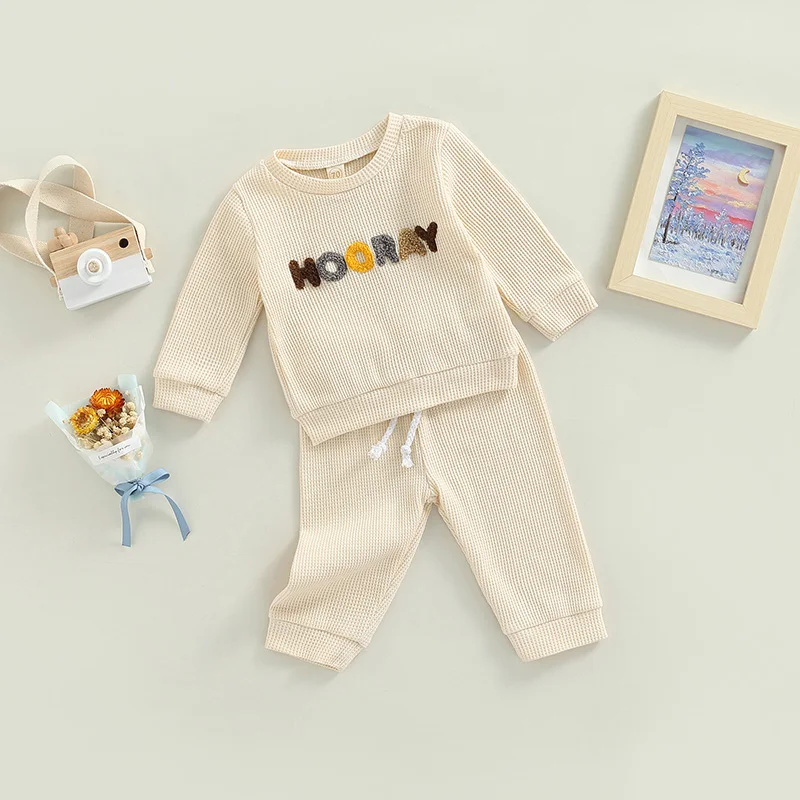 0-24M neonato ragazzi ragazze Waffle abbigliamento autunno lettera arcobaleno modello manica lunga felpa Pullover pantaloni 2 pezzi vestiti Set