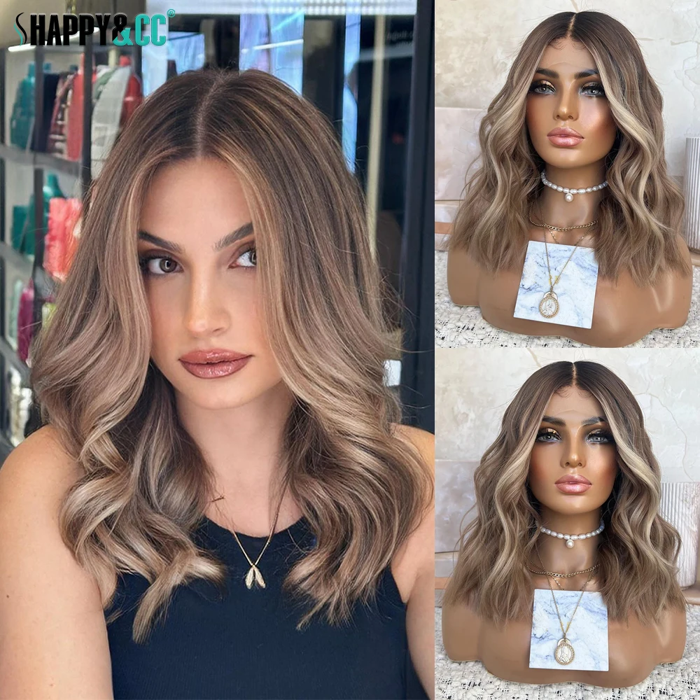 Synthetic Wig Highlight Brown Lace Front Bob Short Wave Colored for Women Heat Resistant 13x3 Daily Use