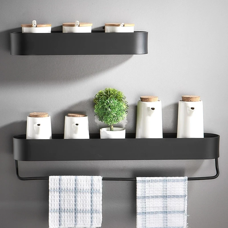 

Bathroom Shelf Rack Wall Mounted Shelves Bath Towel Holder Black Shower Storage Basket Kitchen Organizer Bathroom Accessories