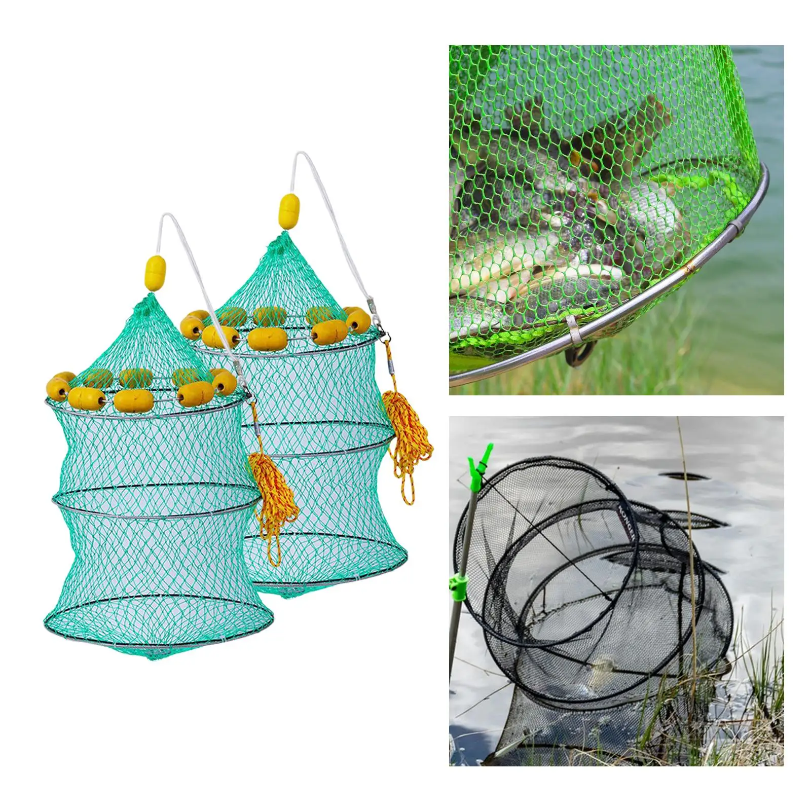 Fishing Net Collapsible 3 Layers with Solid Steel Frame Mesh Portable Fish Bucket Landing Net Lobster Nets Fishing Accessories