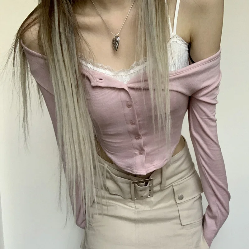 여성용 한국 카와이 핑크 니트웨어, 페어리코어 그런지 Y2K 가디건 티셔츠, 긴팔 단추 업 슬림핏 크롭탑, 가을 스트리트웨어