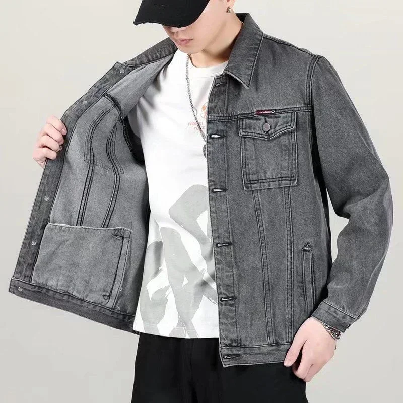 thumbnail image 1 of Chaqueta vaquera azul con botones para hombre, otoño, color negro, con bordado, abrigo vaquero para hombre, estampado, talla grande, ropa de abrigo de alta calidad, talla L, nueva en talla grande, 1 of 5