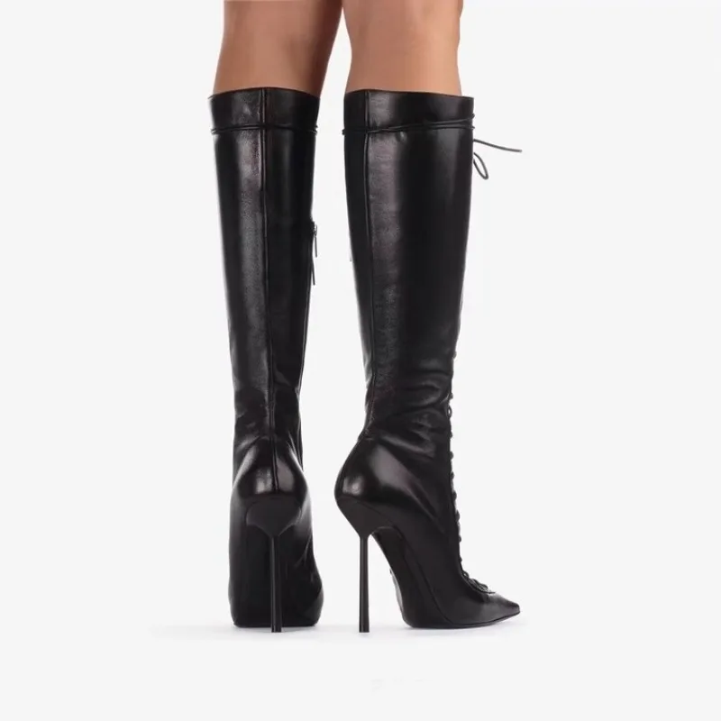 New High Quality Lace up Cool Boots European and American Sexy Nightclub Slim High Heel Show Shoes Zipper Boots