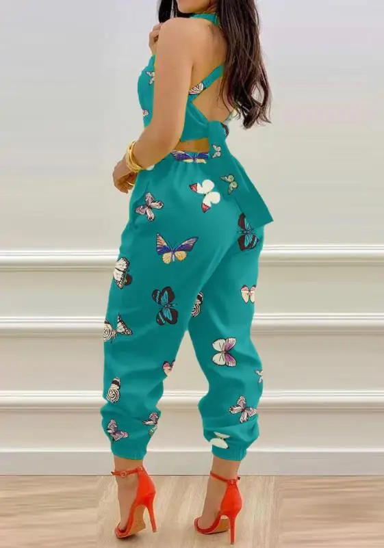 Women's Sexy Fashion Summer New 2024 Daily Versatile Jumpsuit Butterfly Print Criss Cross Tied Detail Backless Jumpsuit ﻿