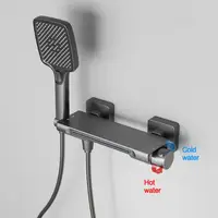 สีเทาน้ําตกอ่างอาบน้ําก๊อกน้ําชุดฝักบัวห้องน้ําติดผนังทองเหลืองร้อนและเย็นวาล์วอาบน้ําหัวฝักบัว 4