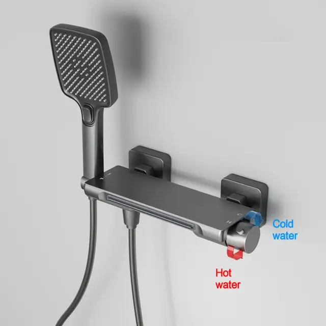 สีเทาน้ําตกอ่างอาบน้ําก๊อกน้ําชุดฝักบัวห้องน้ําติดผนังทองเหลืองร้อนและเย็นวาล์วอาบน้ําหัวฝักบัว 4