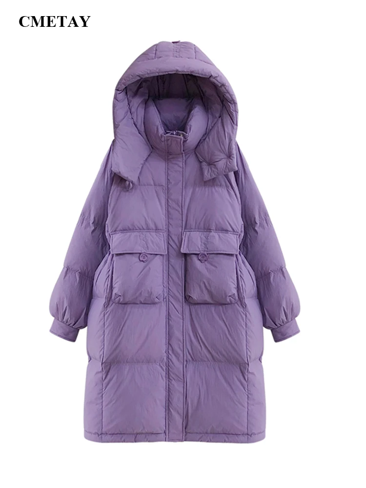 

2023 Winter Long Jacket For Women Streetwear Loose Waist Hooded Padded Warm Parkas Coat Solid Knee Length Down Cotton Jackets