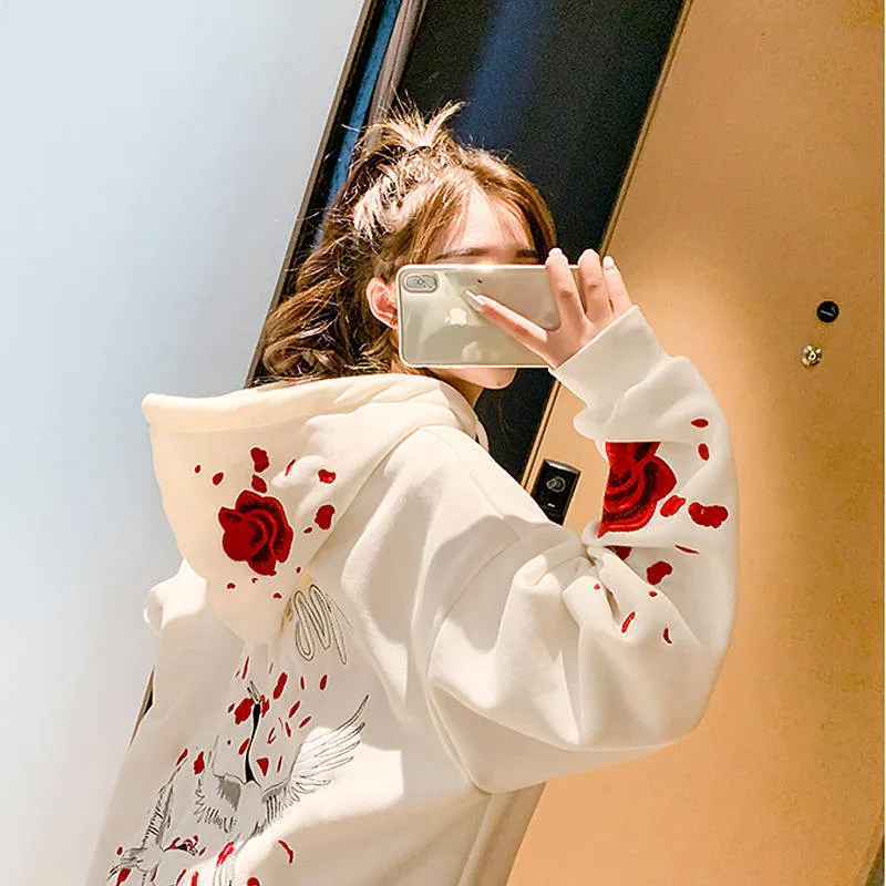 Female Loose Sweatshirts Streetwear Winter Casual Tops Hooded Pullover Women Autumn Long Sleeve Rose Bird Print Harajuku Hoodies