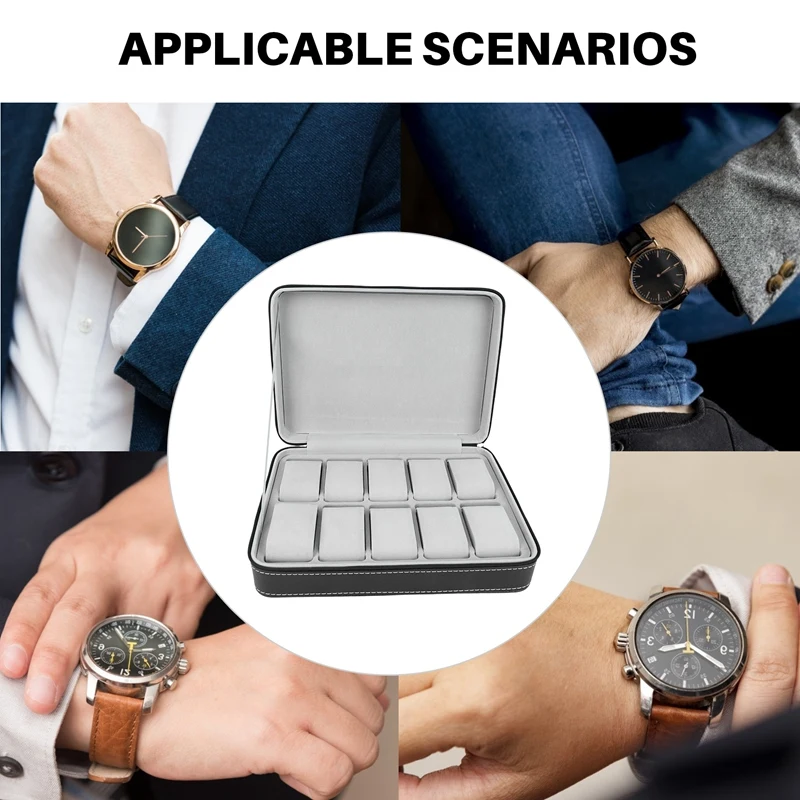 Portable Watch Box Organizer PU Leather Casket with Zipper Classic Style 10 Grids Multi-Functional Bracelet Display Case Watch Storage Box Watch Storage Bag