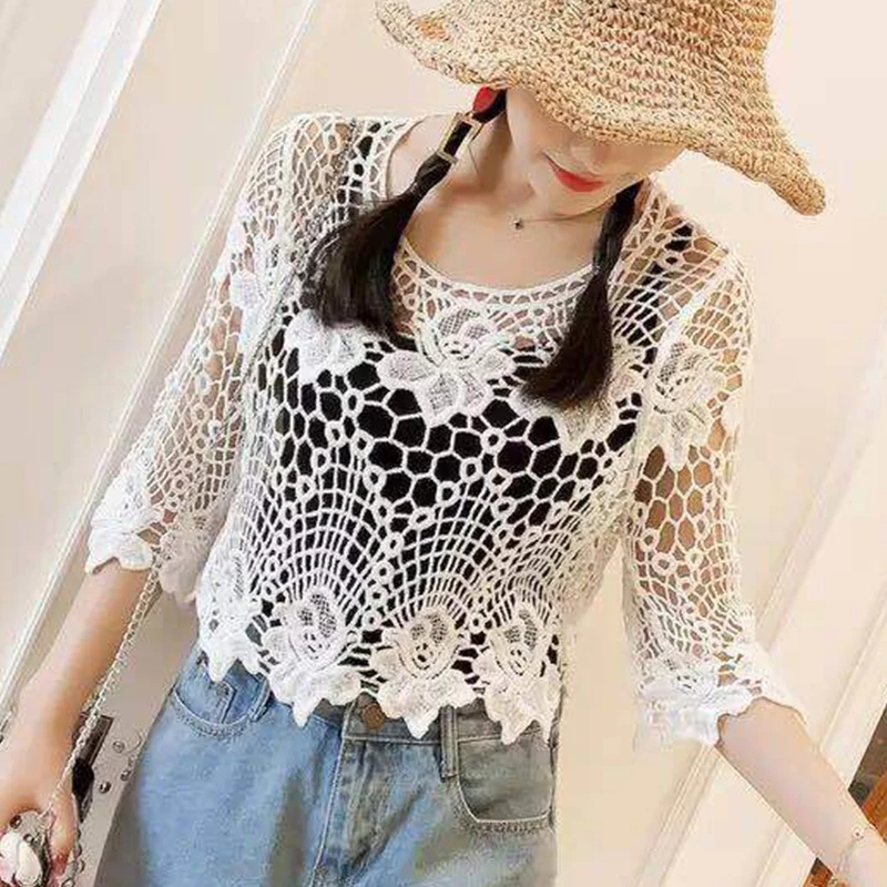 Skirt with a small shawl on the outside, women's pullover, summer short jacket, versatile knitted hollowed out lace jacket, cove woman lace trim sheer shawl for wedding church summer travel body cool breathable shawl with hoodie hot weather supplies