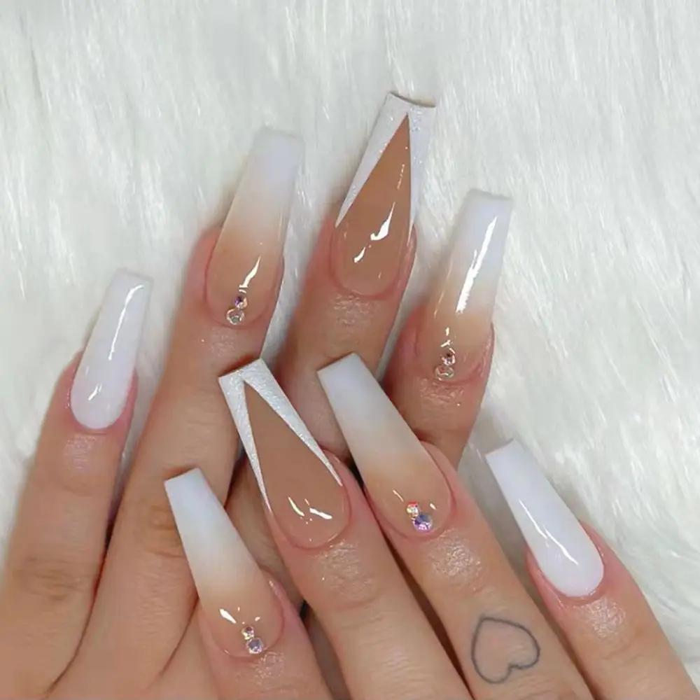 Uñas postizas con degradado blanco francés brillante, uñas postizas de  bailarina larga, extraíbles, degradado, cobertura completa| | - AliExpress