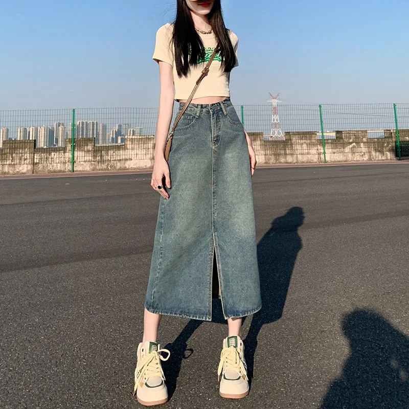 

High Quality Midi Denim Skirt Female Casual Vintage Blue Knee Length Jeans Shorts Summer Long Skirts for Women Korean Style