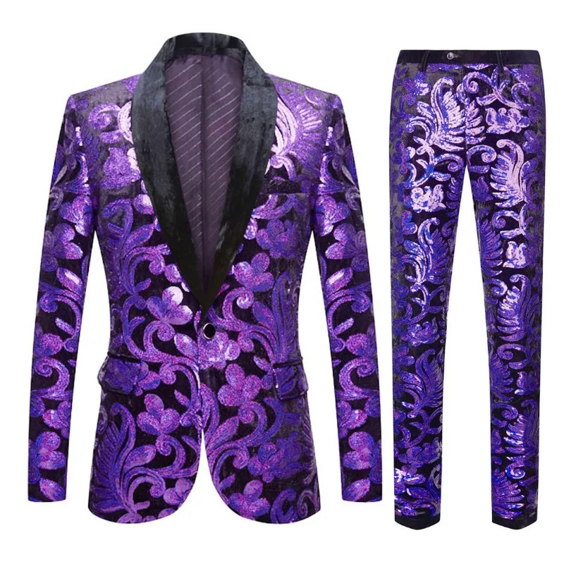 Mens Suit 2 Piece White Colorful Velvet Sequins Party DJ Club Dress Tuxedo Suit Blazer+Pants Stage Singer Wedding Suits for Men