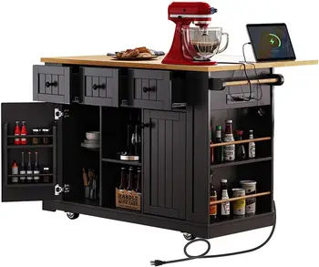 Rolling Kitchen Island Cart with Outlet 1