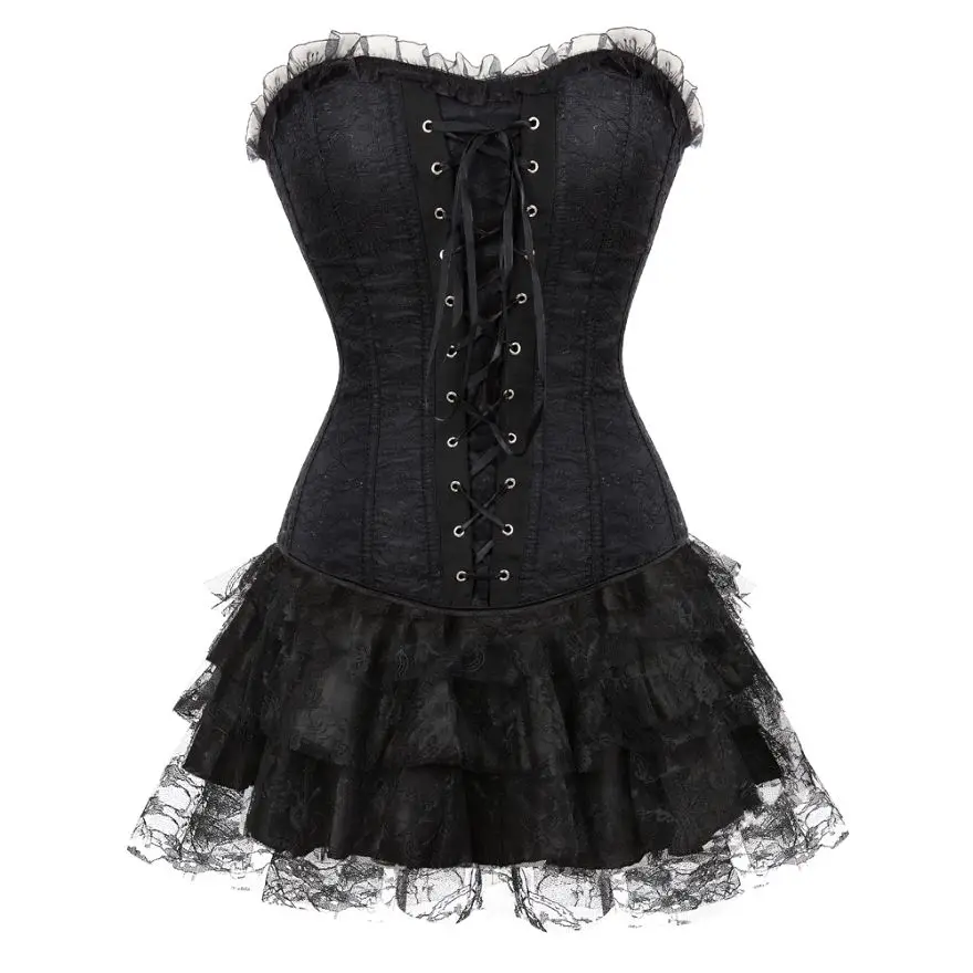 

Corset Dress Women Gothic Victorian Lolita Costume Vintage Lingerie Lace Bustier Overbust Skirts Top Set Sexy Fashion